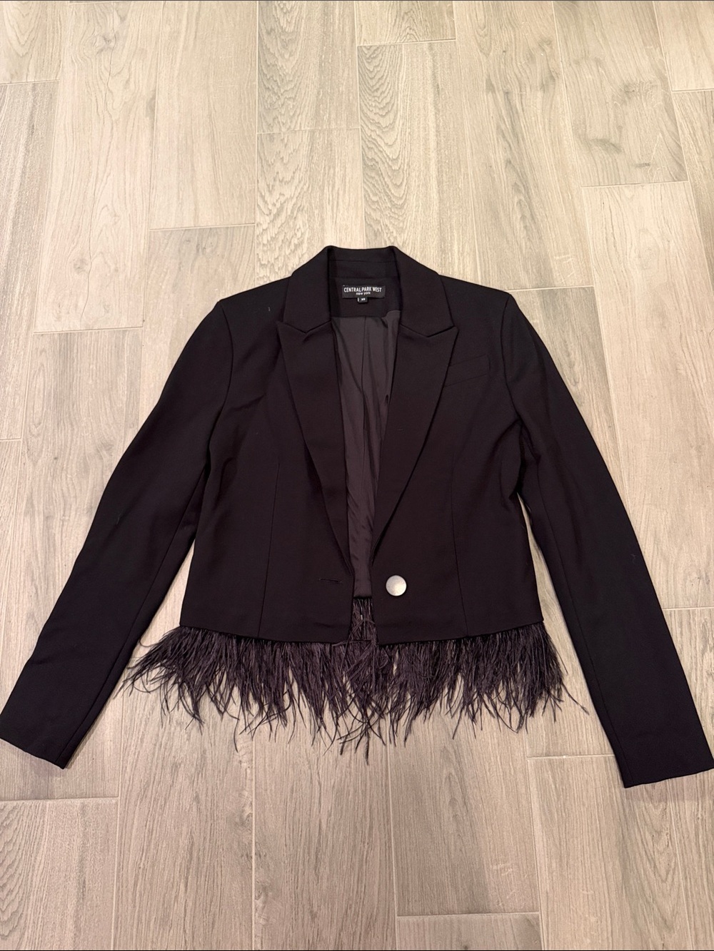Central Park West Women’s Black Feather-Trim Cropped Blazer Size XS
